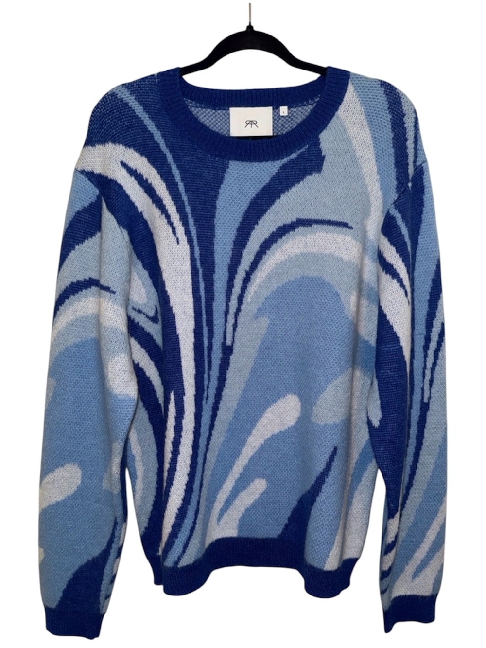 NWOT RtA Blue Jacquard Swirl Pattern Crewneck Sweater Large Acrylic Wool Mohair